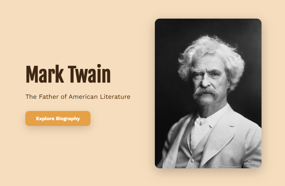 Startup section of a website featuring Mark Twain